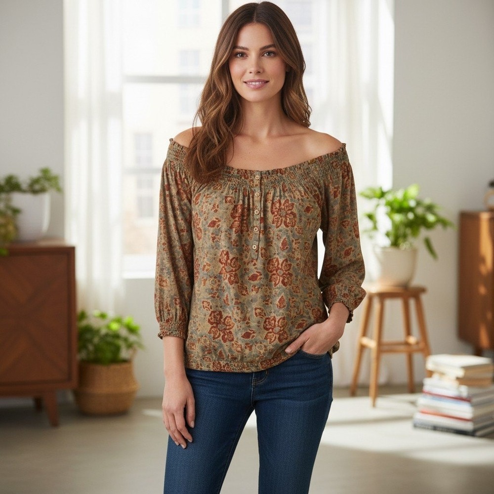 Lauren Jeans Co‎ Ralph Floral Smocked Off Shoulder Long Sleeve Top PM Brown Red